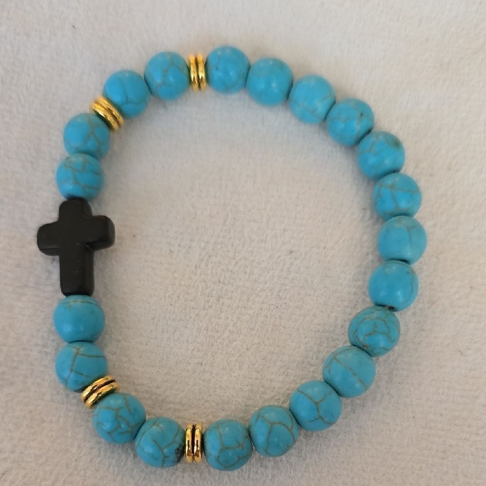 Turquoise Beaded Bracelet with Black Cross